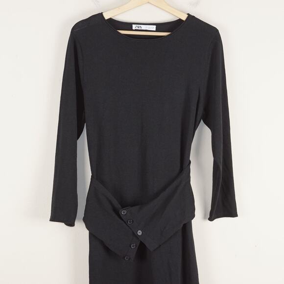 Zara Black Sash Waist Midi Linen Blend Knit Midi Dress Womens Sz M - Picture 1 of 11